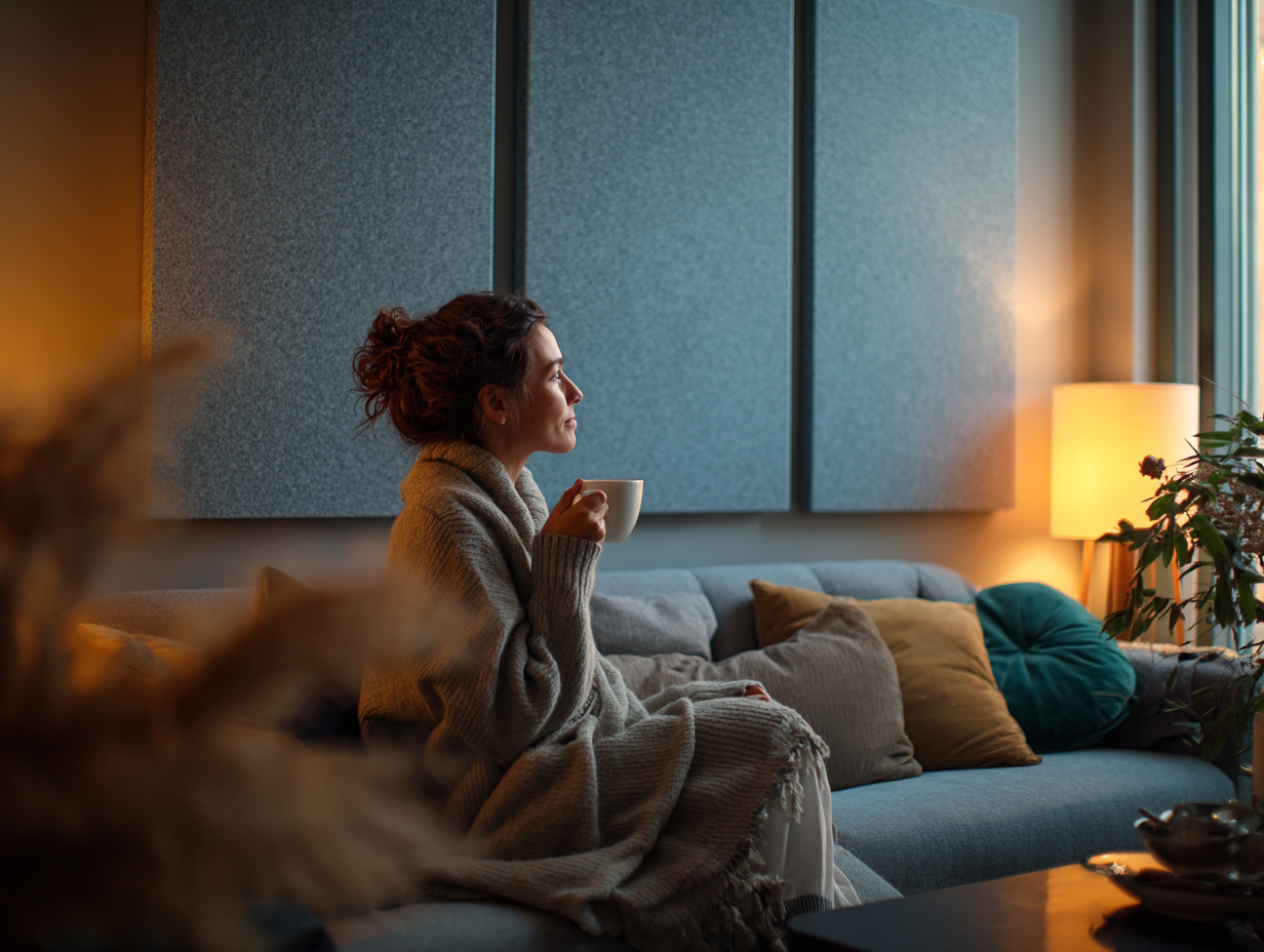 A person drinks tea in a room with acoustic panels